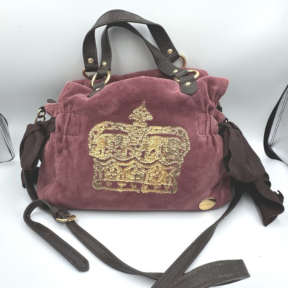 Vtg Y2K Juicy Couture Daydreamer Plum Velour Gold Sequin Crown Shoulder Bag Bows